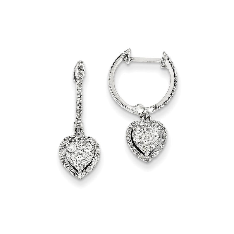14K White Gold and Real Diamond Heart Hinged Hoop Earrings