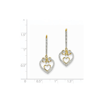 14k Yellow Gold Real Diamond Double Heart Dangle Earrings