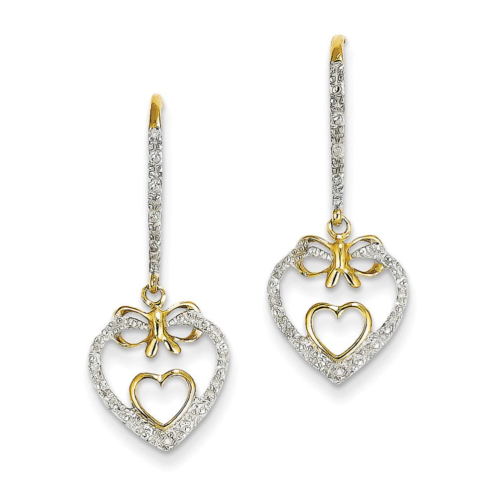 14k Yellow Gold Real Diamond Double Heart Dangle Earrings