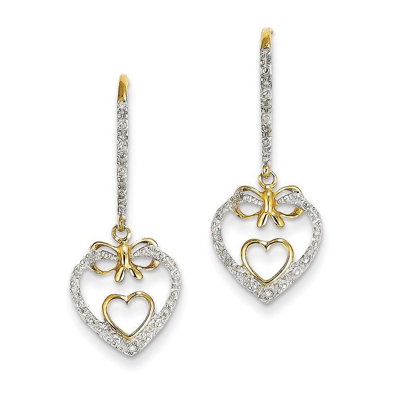 14k Yellow Gold Real Diamond Double Heart Dangle Earrings