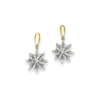14k Yellow Gold Real Diamond Flower Post Dangle Earrings