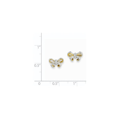 14k Yellow Gold Real Diamond Bow Post Earrings