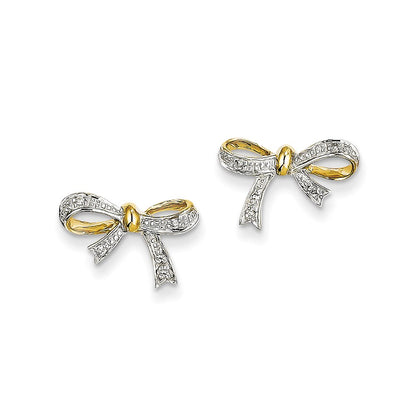 14k Yellow Gold Real Diamond Bow Post Earrings