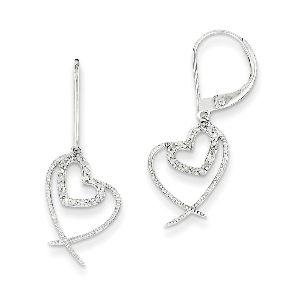 14K White Gold Real Diamond Heart Leverback Earrings