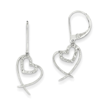 14K White Gold Real Diamond Heart Leverback Earrings