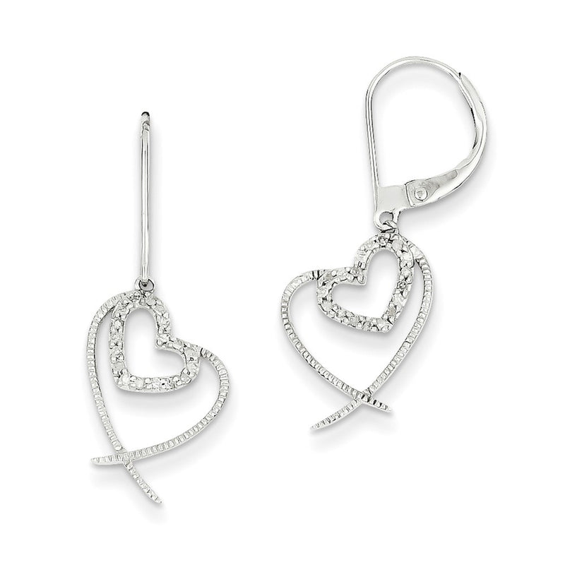 14K White Gold Real Diamond Heart Leverback Earrings