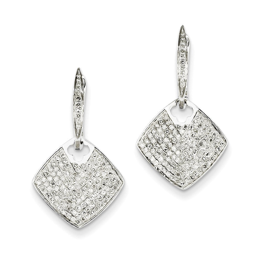 14k White Gold Real Diamond Square Dangle Hinged Hoop Earrings