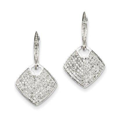14k White Gold Real Diamond Square Dangle Hinged Hoop Earrings