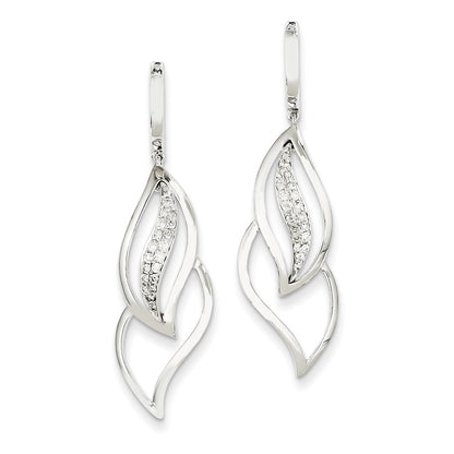 14K White Gold Real Diamond Hinged Hoop Leaf Design Dangle Earrings