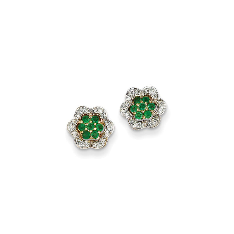 14k Yellow Gold 1/8Ct Real Diamond & Emerald Earrings
