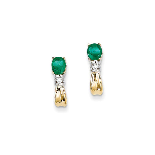 14k Yellow Gold Two-tone 1/15Ct Real Diamond & Emerald Earrings