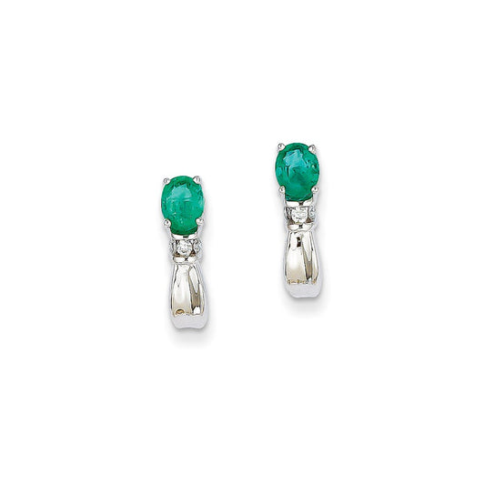 14k White Gold 1/15Ct Real Diamond & Emerald Earrings