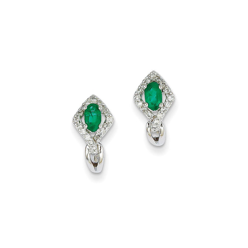 14k White Gold 1/6Ct Real Diamond & Emerald Earrings