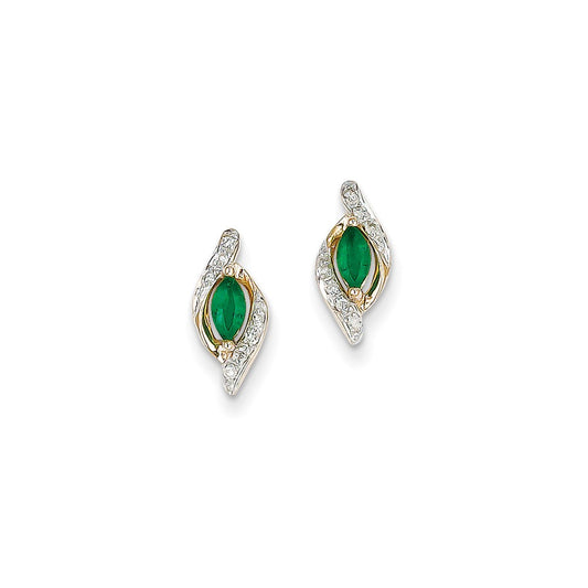 14k Yellow Gold 1/15Ct Real Diamond & Emerald Earrings