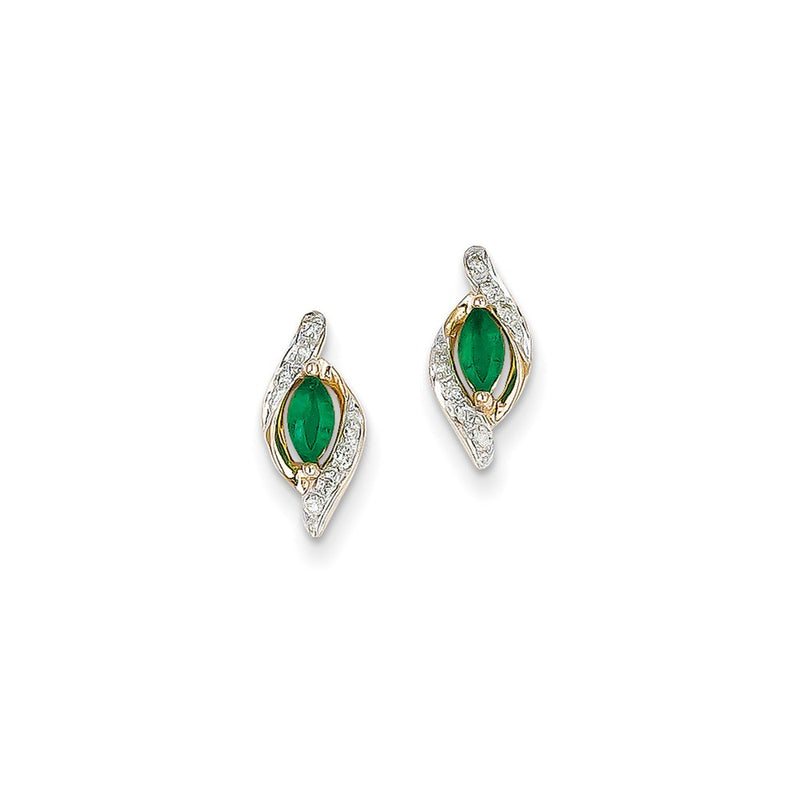 14k Yellow Gold 1/15Ct Real Diamond & Emerald Earrings
