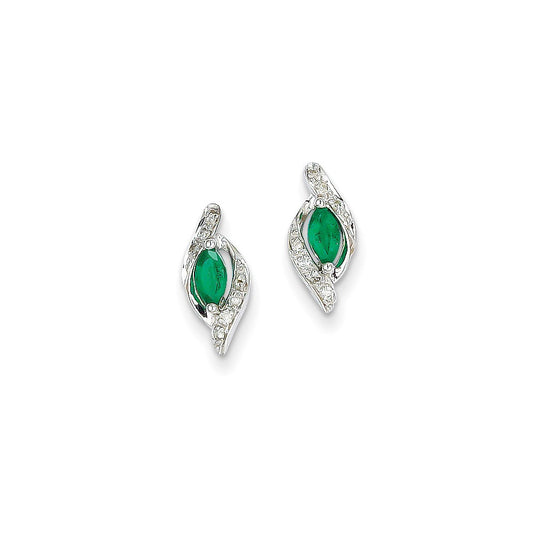 14k White Gold 1/15Ct Real Diamond & Emerald Earrings
