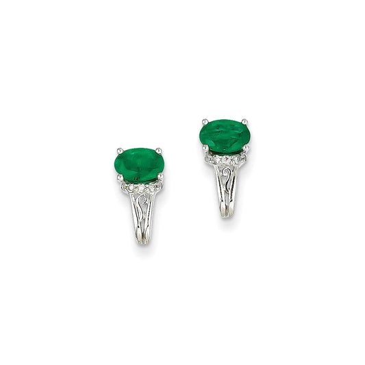 14k White Gold 1/15Ct Real Diamond & Emerald Earrings