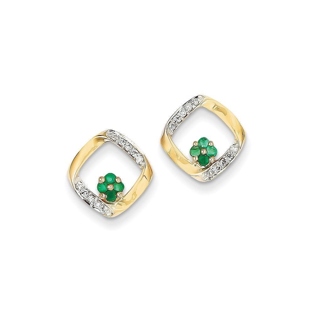 14k Yellow Gold 1/10ct Real Diamond & Emerald Earrings