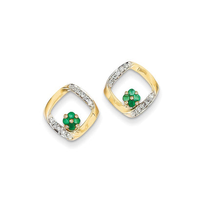 14k Yellow Gold 1/10ct Real Diamond & Emerald Earrings