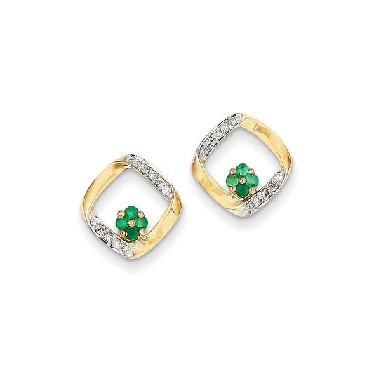 14k Yellow Gold 1/10ct Real Diamond & Emerald Earrings