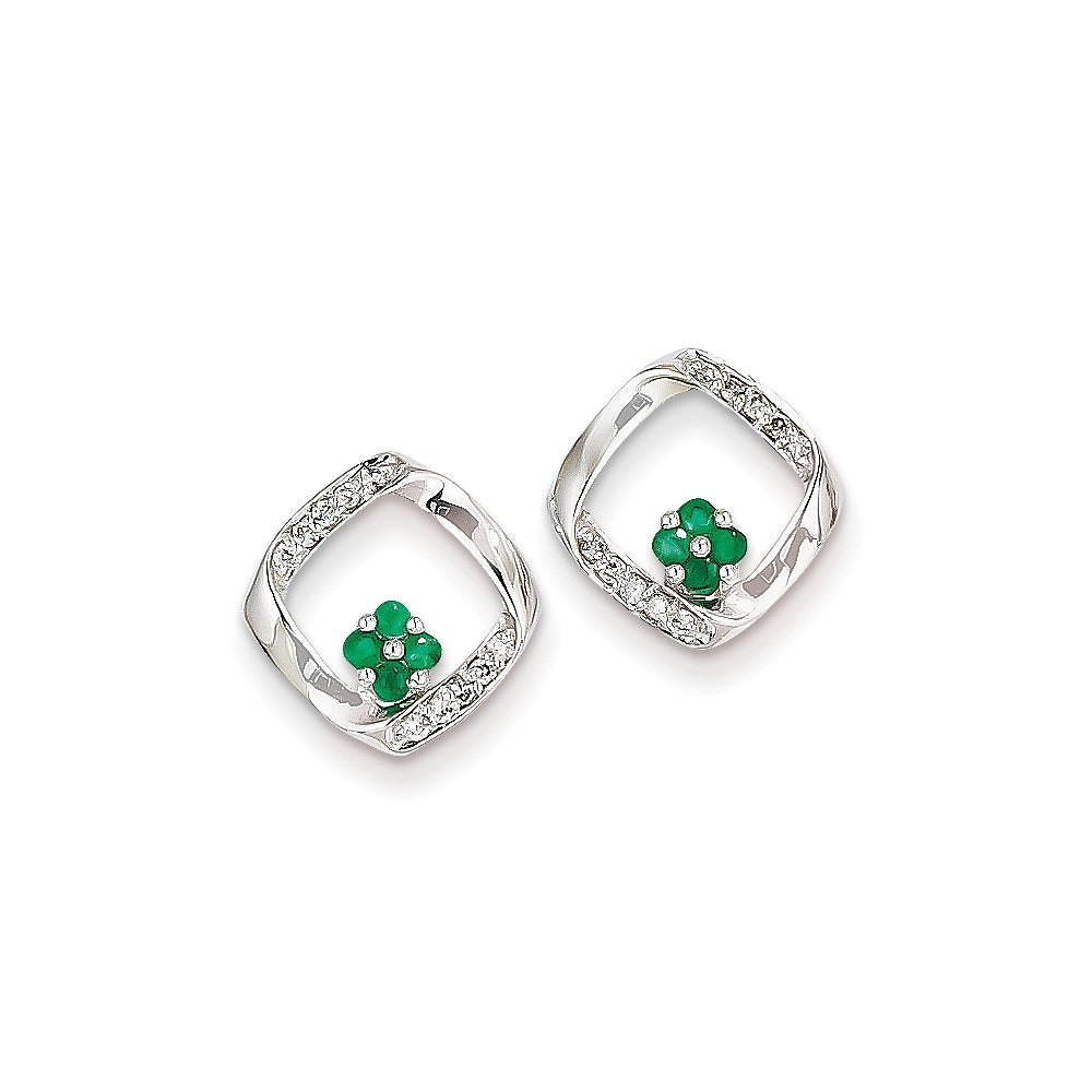 14k White Gold 1/10ct Real Diamond & Emerald Earrings