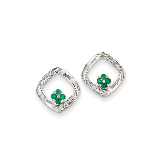 14k White Gold 1/10ct Real Diamond & Emerald Earrings