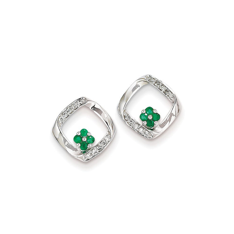 14k White Gold 1/10ct Real Diamond & Emerald Earrings