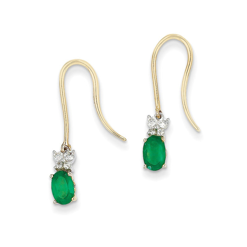 14k Yellow Gold 1/8ct Real Diamond & Emerald Shepherd Hook Earrings