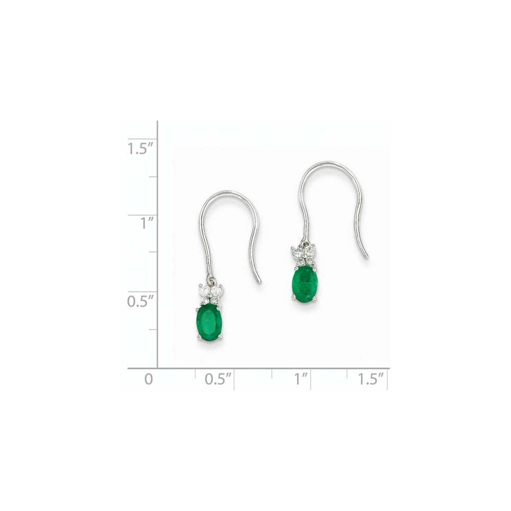 14k White Gold 1/8ct Real Diamond & Emerald Shepherd Hook Earrings
