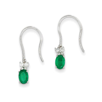 14k White Gold 1/8ct Real Diamond & Emerald Shepherd Hook Earrings