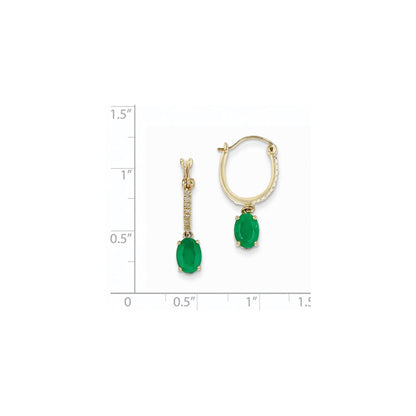 14k Yellow Gold 1/10ct Real Diamond & Emerald Dangle Hoop Earrings