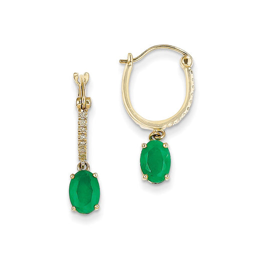14k Yellow Gold 1/10ct Real Diamond & Emerald Dangle Hoop Earrings