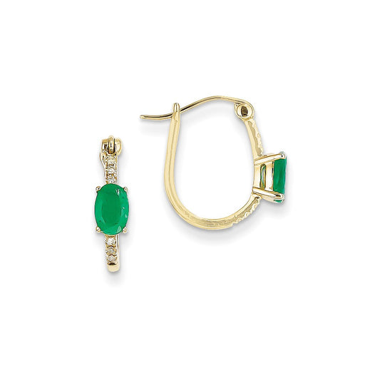 14k Yellow Gold 1/20ct Real Diamond & Emerald Hinged Hoop Earrings