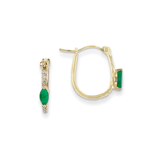 14k Yellow Gold 1/20ct Real Diamond & Emerald Hinged Hoop Earrings