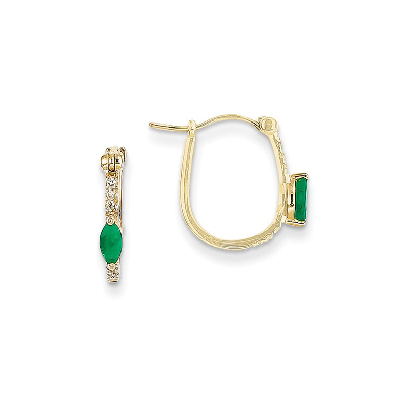 14k Yellow Gold 1/20ct Real Diamond & Emerald Hinged Hoop Earrings