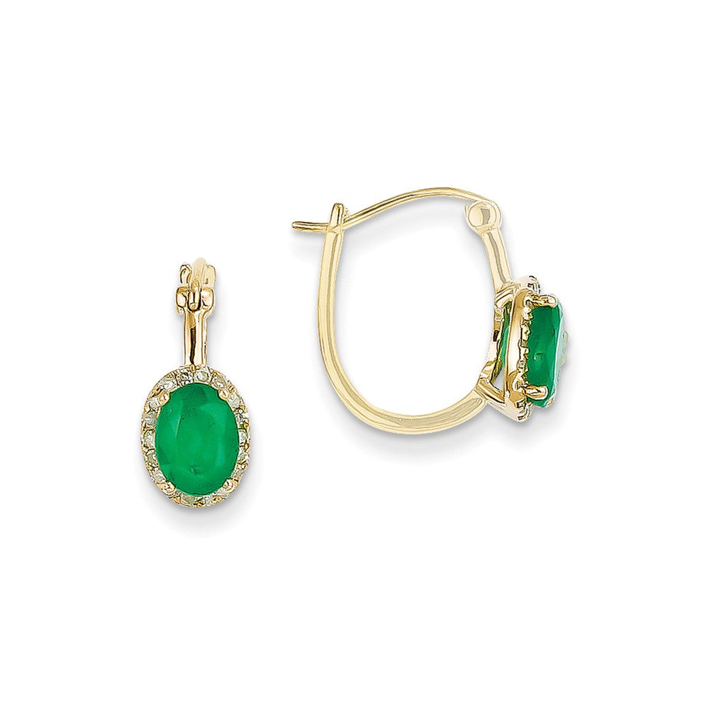 14k Yellow Gold 1/5ct Real Diamond & Emerald Hinged Hoop Earrings