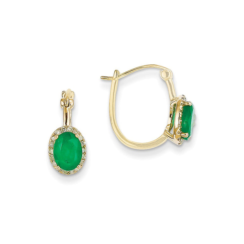 14k Yellow Gold 1/5ct Real Diamond & Emerald Hinged Hoop Earrings