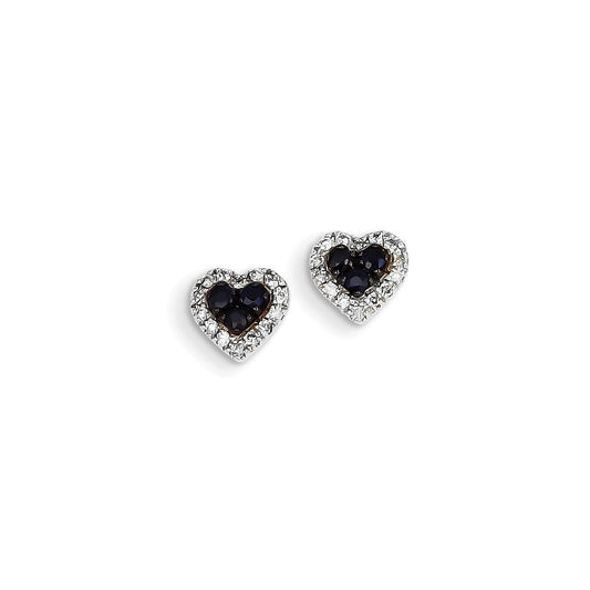 14K White Gold Real Diamond & Sapphire Heart Post Earrings