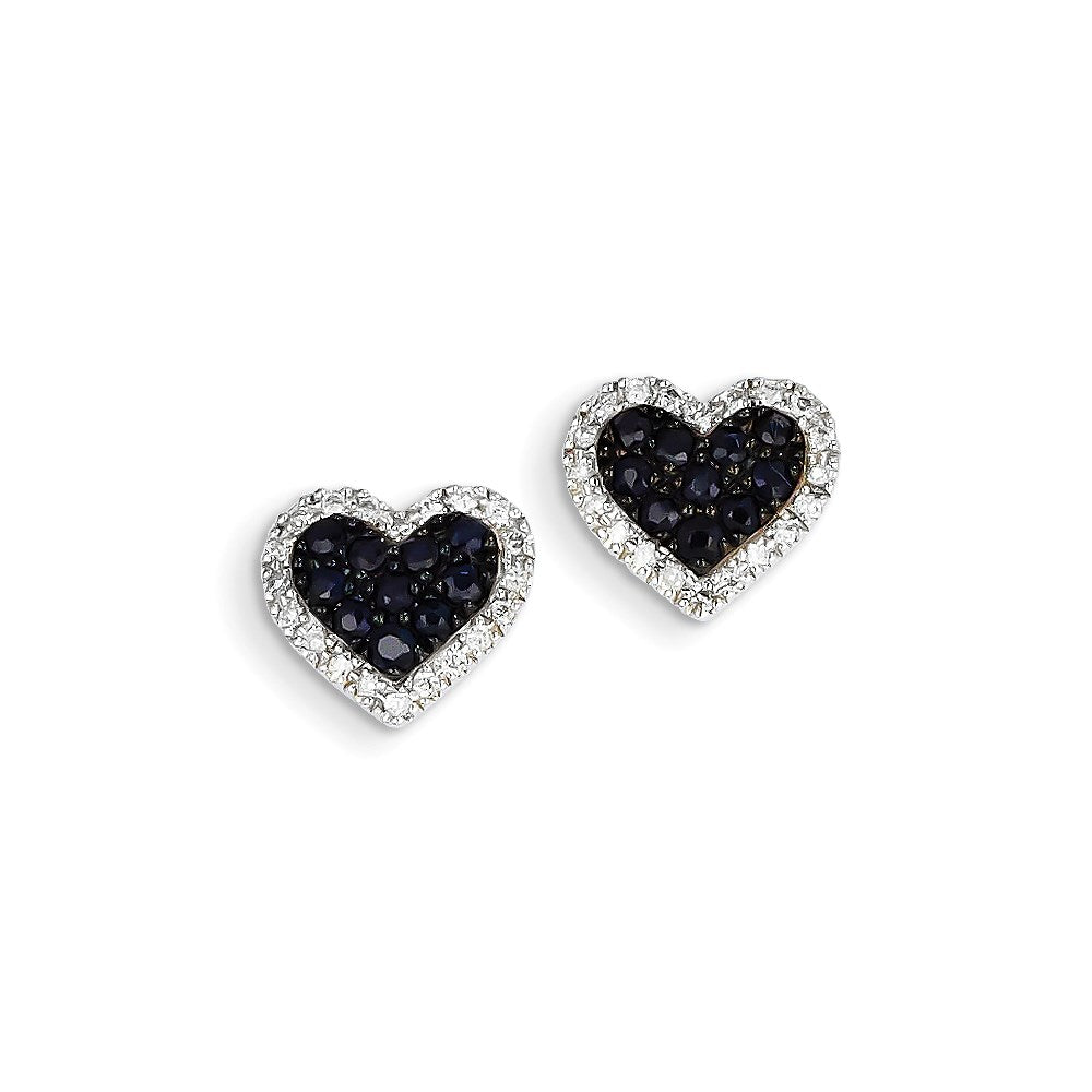 14K White Gold Real Diamond & Sapphire Heart Post Earrings