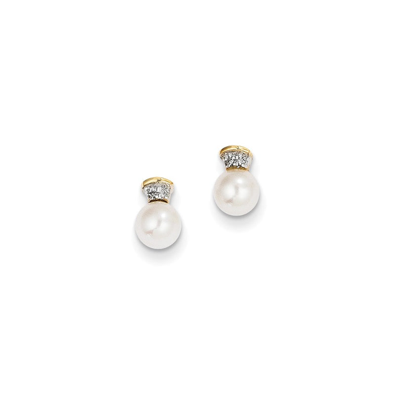 14k Yellow Gold Real Diamond & 5-6m Round FW Cultured Pearl Post Earrings