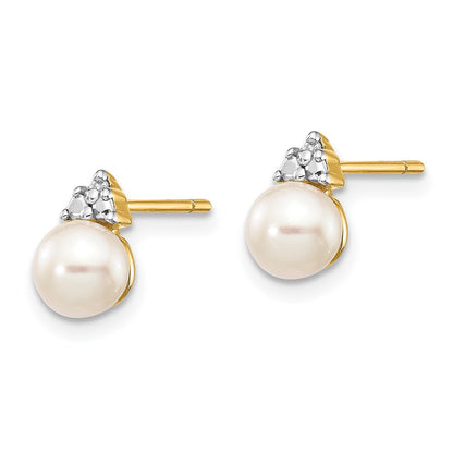 14k Yellow Gold 5-6mm White Round FWC Pearl .01ct Real Diamond Post Earrings