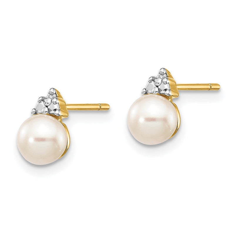 14k Yellow Gold 5-6mm White Round FWC Pearl .01ct Real Diamond Post Earrings