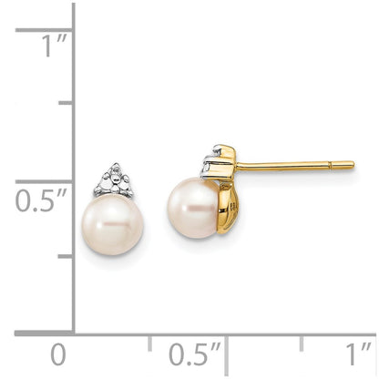 14k Yellow Gold 5-6mm White Round FWC Pearl .01ct Real Diamond Post Earrings