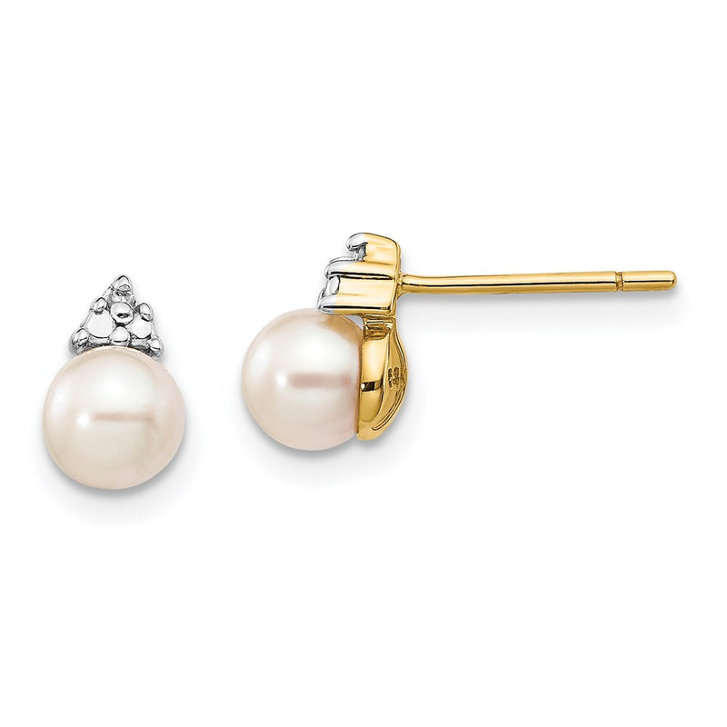 14k Yellow Gold 5-6mm White Round FWC Pearl .01ct Real Diamond Post Earrings