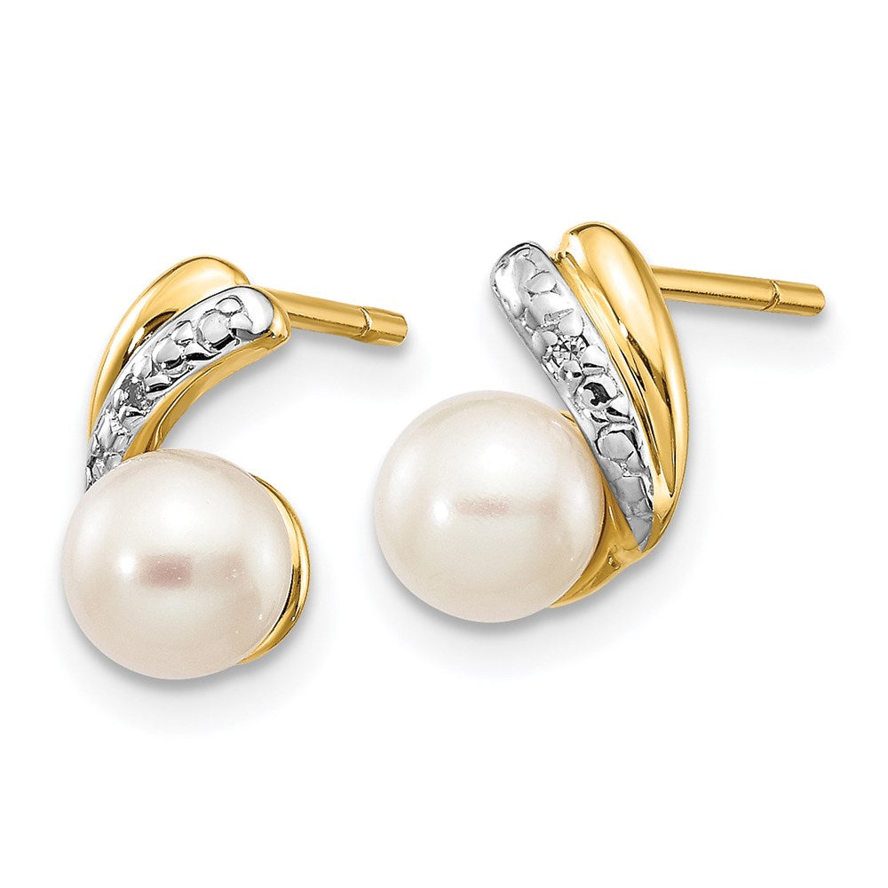 14k Yellow Gold 5-6mm White Round FWC Pearl .01ct Real Diamond Post Earrings