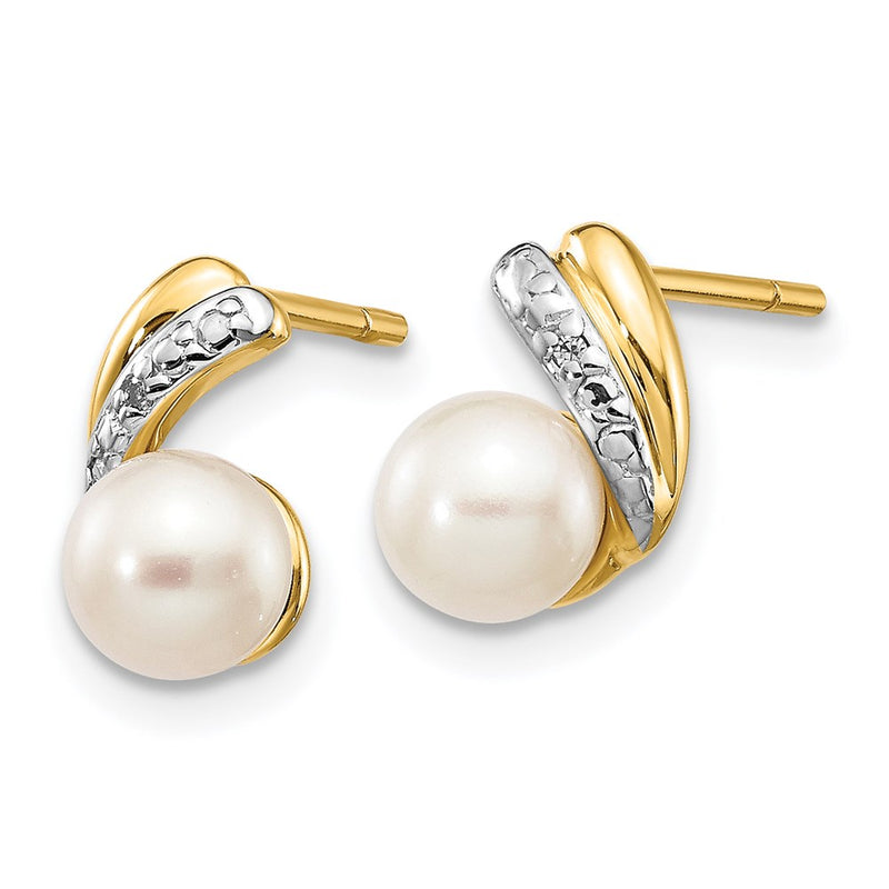 14k Yellow Gold 5-6mm White Round FWC Pearl .01ct Real Diamond Post Earrings