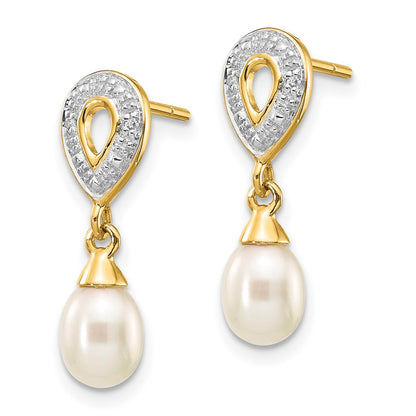 14k Yellow Gold 7x5mm White Teardrop FWC Pearl .01ct Real Diamond Dangle Earrings