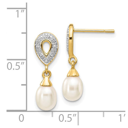 14k Yellow Gold 7x5mm White Teardrop FWC Pearl .01ct Real Diamond Dangle Earrings