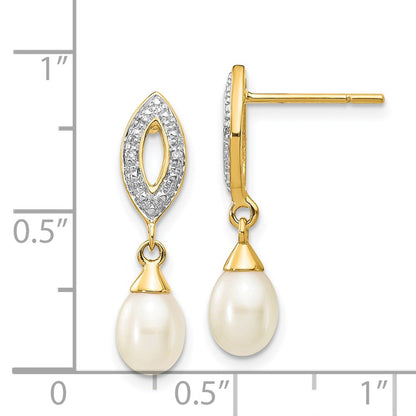 14k Yellow Gold 7x5mm White Teardrop FWC Pearl .01ct Real Diamond Dangle Earrings