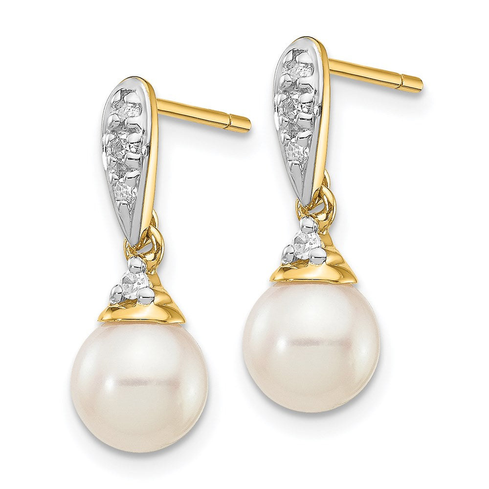 14k Yellow Gold 6-7mm White Round FWC Pearl .08ct Real Diamond Dangle Earrings